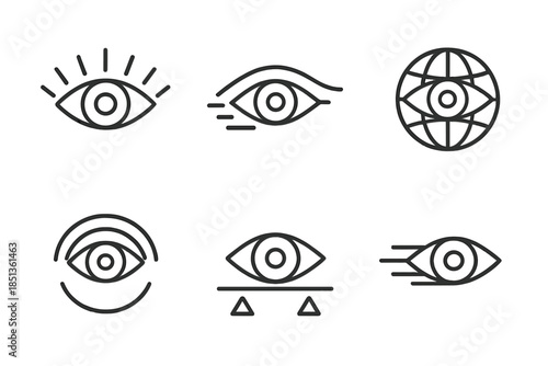 Ocular Divination Symbols. Line vector icons of an ocular travel of divination: radiant eye-shaped outlines, luminous seeing arcs,