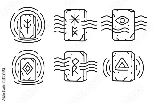 Mystical Resonance Wall. Line style icons of a mystical resonance wall: echo rings around ancient carvings, harmonic frequencies