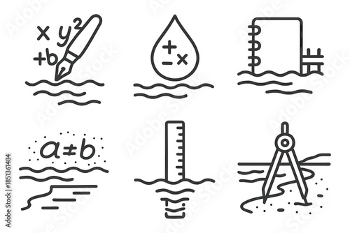 Mathematical Seaside Creativity. Line style icons of a pen at the waterfront solving equations: pen with number formulas above