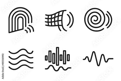 Auditory Architecture Icons. Line style icons of auditory channel architecture: openwork passage transmitting sound, curved grid