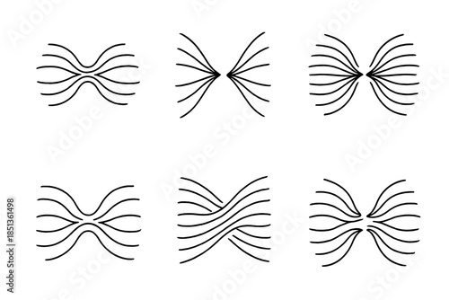 Harmonious Line Convergence. Line style icons of convergent gentle motion: rhythmic lines folding into center, soothing arcs