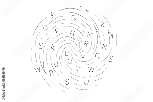 Translucent Character Swirl. Line style icons of a translucent swirl of characters: transparent spiral with floating letters,
