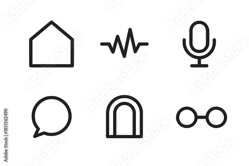 Audio Social Icons. Line vector icons of audio-first social room: boxy house frame, voice pulse, mic outline, circular chat mark,