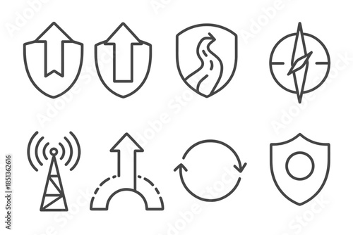 Protected Direction Icons. Line style icons of protected direction points: guiding arrow, safety zone, shielded path, calm compass