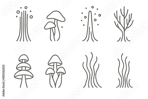 Organic Spore Towers. Line style icons of organic spore towers: vertical mycelium, soft caps, floating spores, branching lines,