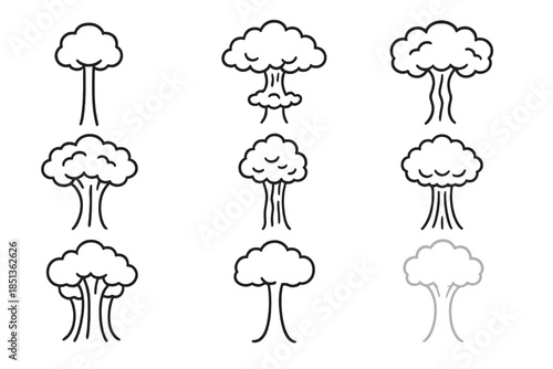 Mushroom Cloud Icons. Line style icons of mushroom cloud towers: tall stem mushrooms, layered caps, cloud-like tops, organic