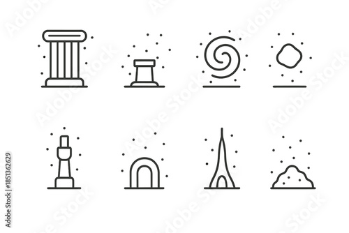 Dust Particle Icons. Line style icons of dust particle monuments: fine grain columns, tiny pedestal, particle swirl, floating