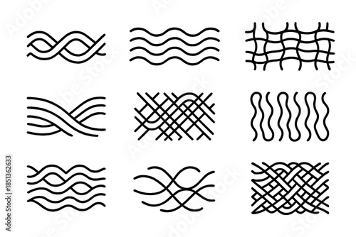 Aquatic Weaving Icons. Line style icons of aquatic weaving systems: interlaced waves, oceanic lines, pattern grid, ripple strands,