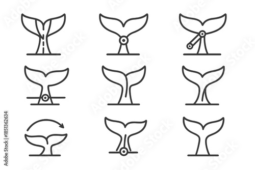 Whale Tail Mechanics Icons. Line style icons of whale tail mechanics: split fin, rotating hinge, fluid motion rod, balance lever,