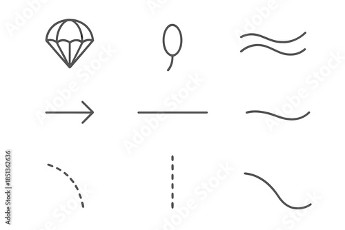 Parachute Seed Dynamics. Line style icons of parachute seed alignment: soft parachute, falling seed, flow path, wind arrow, stable