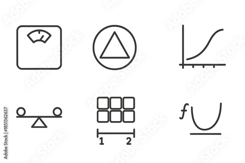 Scale-Themed Line Icons. Line style icons of scale-based calculations: weight scale, geometric plate, hex grid, measurement curve,