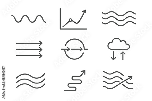 Flow Pattern Icons. Line style icons of flow pattern equations: rhythmic wave, graph line, current motion, arrow sequence, flow
