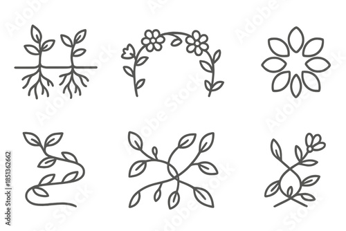 Botanical Line Style Icons. Line style icons of botanical linkage systems: connected roots, flowering arc, petal circle, leaf path