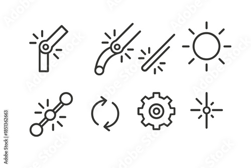 Radiant Hinge Icons. Line style icons of radiant hinge mechanisms: mechanical joint, curved connector, light beam, flexible link,
