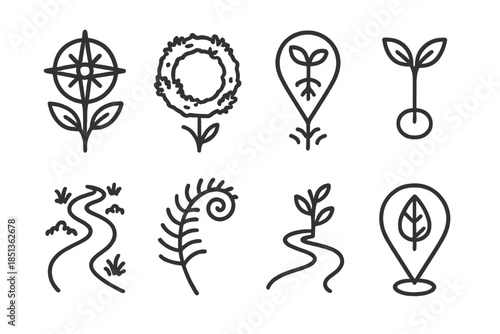 Primeval Flora Icons. Line style icons of primeval flora waypoints: plant compass, moss ring, rooted marker, growth dot, organic