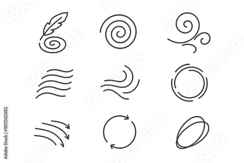 Vortex Poetry Icons. Line style icons of vortex poetry devices: rotating quill, spiral pattern, lyrical swirl, curved text,