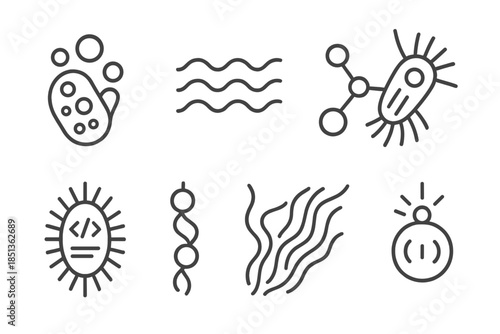 Plankton Data Icons. Line style icons of planktonic data language: micro bloom, wave code, floating node, cellular thread, diatom