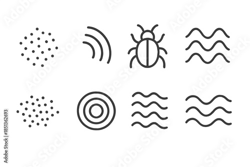 Insect Debris Icons. Line style icons of insect debris frequency: dotted pattern, curved signal, bug trace, vibration lines, dust