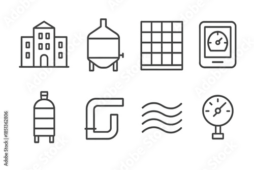Architectural Brewing Icons. Line style icons of architectural brewing monitors: building outline, fermentation vessel, structured