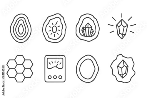 Geode Measurement Icons. Line style icons of geode dosage measurement: layered cavity, radiant wave path, crystalline shell,