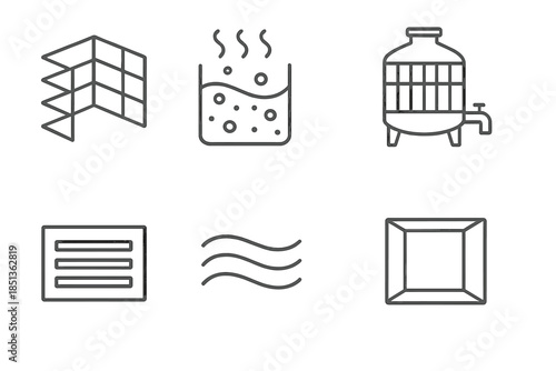 Line Style Fermentation Icons. Line style icons of facade fermentation systems: layered wall grid, bubbling flow, structured