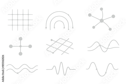Glowing Network Icons. Line style icons of glowing junction networks: radiant grid, curved beam contour, luminous node, reflective