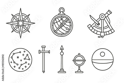 Ancient Navigation Icons. Line style icons of ancient navigation tools: compass rose, astrolabe, sundial, sextant, star map,
