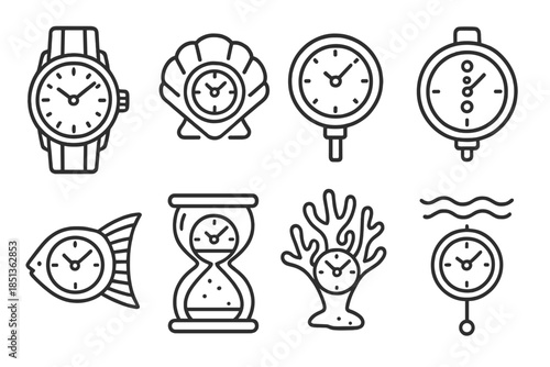 Oceanic Temporal Devices. Line style icons of oceanic temporal devices: marine watch, shell rotation meter, water pressure clock,