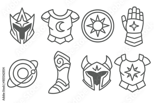Celestial Armor Icons. Line style icons of ancient celestial armor: star-forged helm, lunar chestplate, solar shield, cosmic