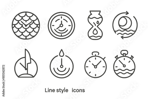 Aquatic Time Icons. Line style icons of scale-pattern time tracking: fish scale dial, ripple clock face, aquatic hourglass, tide