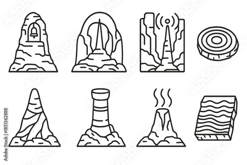 Geological Sound Icons. Line style icons of geological sound structures: rock bell tower, cavern tone spire, canyon sound pillar,