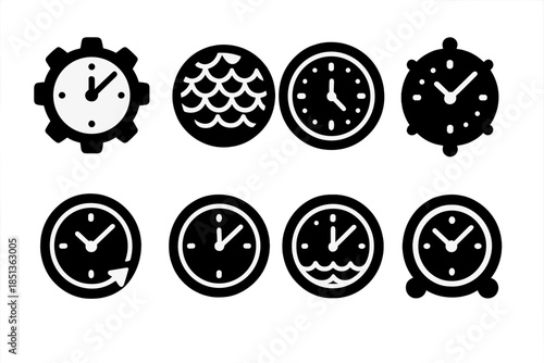 Marine Clock Icons. Solid style icons of marine scale clocks: clock gear, fish scale texture, circular wave, luminous dial, tide