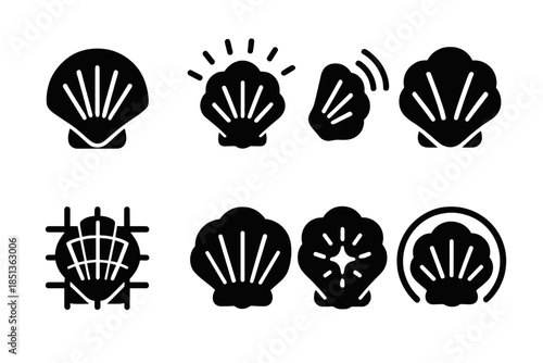 Luminous Shell Indicators. Solid style icons of luminous shell indicators: shell cross-section, radiant edge, signal glow, curved
