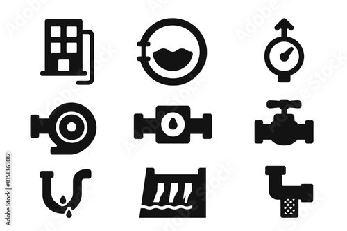 Hydraulic Architecture Icons. Solid style icons of hydraulic architecture systems: building diagram, water circuit, pressure icon,