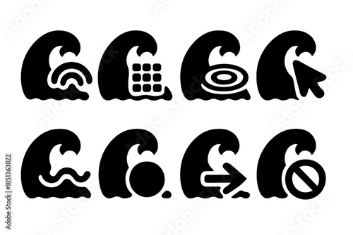 Ocean Crest Icons. Solid style icons of ocean crests holding options: wave top, menu grid, ripple icon, selection pointer, flow