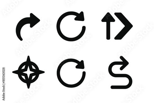 Direction Icons Set. Solid style icons of core direction changes: curved arrow, rotation marker, pivot node, motion line,
