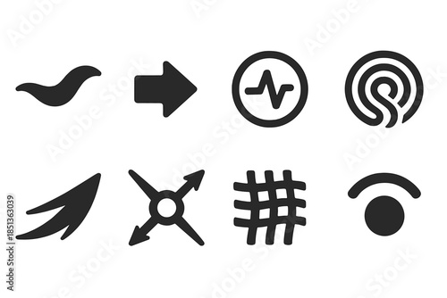 Fluid Motion Icons. Solid style icons of curving flow patterns: curved water line, motion arrow, pulse circle, ripple path, energy