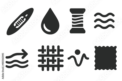 Lagoon Tapestry Tools. Solid style icons of lagoon tapestry tools: weaving shuttle, water droplet, thread spool, ripple line,