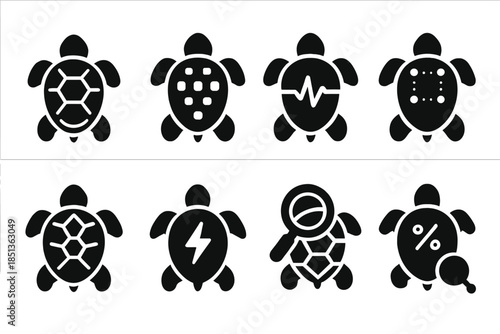 Turtle Scale Computations. Solid style icons of turtle scale computations: shell outline, numeric grid, pulse line, measurement