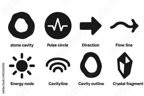 Stone Guide Icons. Solid style icons of stone hollow guides: rock cavity, pulse circle, directional arrow, flow line, energy node,