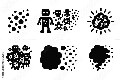 Nanite Swarm Dynamics. Solid style icons of a nanite swarm that appears and disappears: flickering nano formation, vanishing robot