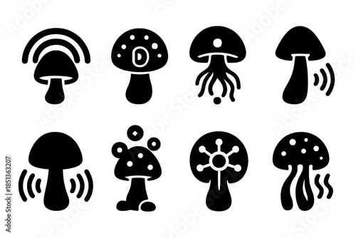 Fungal Audio Projector. Solid style icons of a fungal sound field projector: luminescent audio dome, spore sound emitter, mycelium