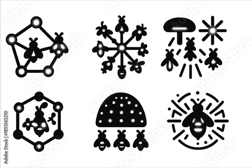 Luminous Swarm Energy Icons. Solid style icons of luminous swarm energy systems: glowing flight network, pollination power web,