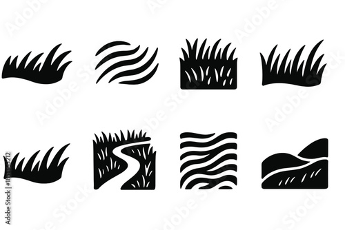 Flowing Grassland Icons. Solid style icons of a flowing grassland design: wind-swept meadow wave, rhythmic blade motion, organic