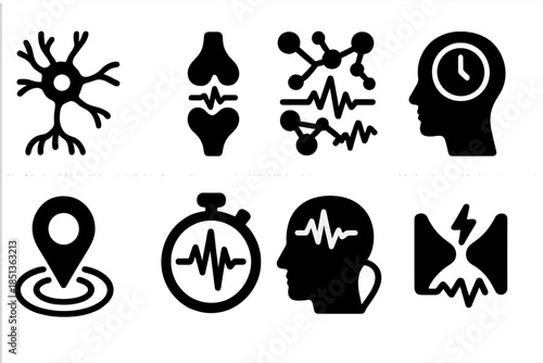 Seismic Neuron Icons. Solid style icons of a time-telling earthquake synapse: seismic neuron cluster, pulse-transmitting synapse,