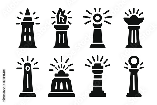 Ancient Knowledge Spire Icons. Solid style icons of an ancient knowledge-absorbing spire: glowing wisdom tower, radiant rune spire