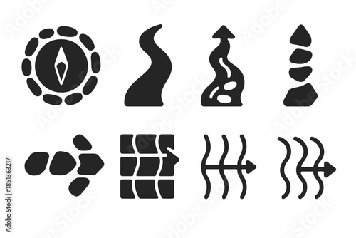 Stream-Formed Orientation Icons. Solid style icons of stream-formed orientation systems: pebble alignment compass, current-carved