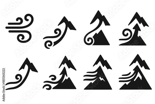 Wind Path Icons. Solid style icons of a gentle wind tracing a path to the top: flowing breeze line, curved air ascent, soft