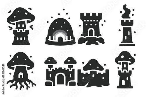 Spectral Spore Castle. Solid style icons of a spectral spore castle: fungal fortress tower, glowing mist dome, spore-lit