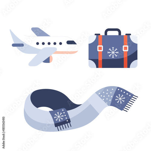 Travel essentials illustrated with airplane, suitcase, and scarf icons for journey planning